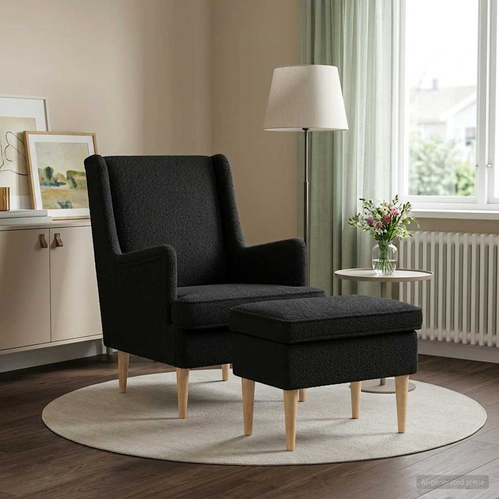 vidaXL Sillón con Pouf 2 uds. Negro Bouclé