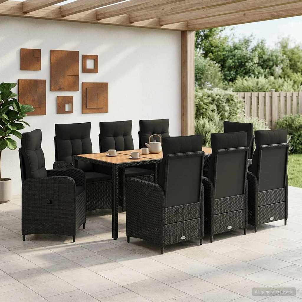 vidaXL Juego de comedor para exteriores 9 uds. Negro