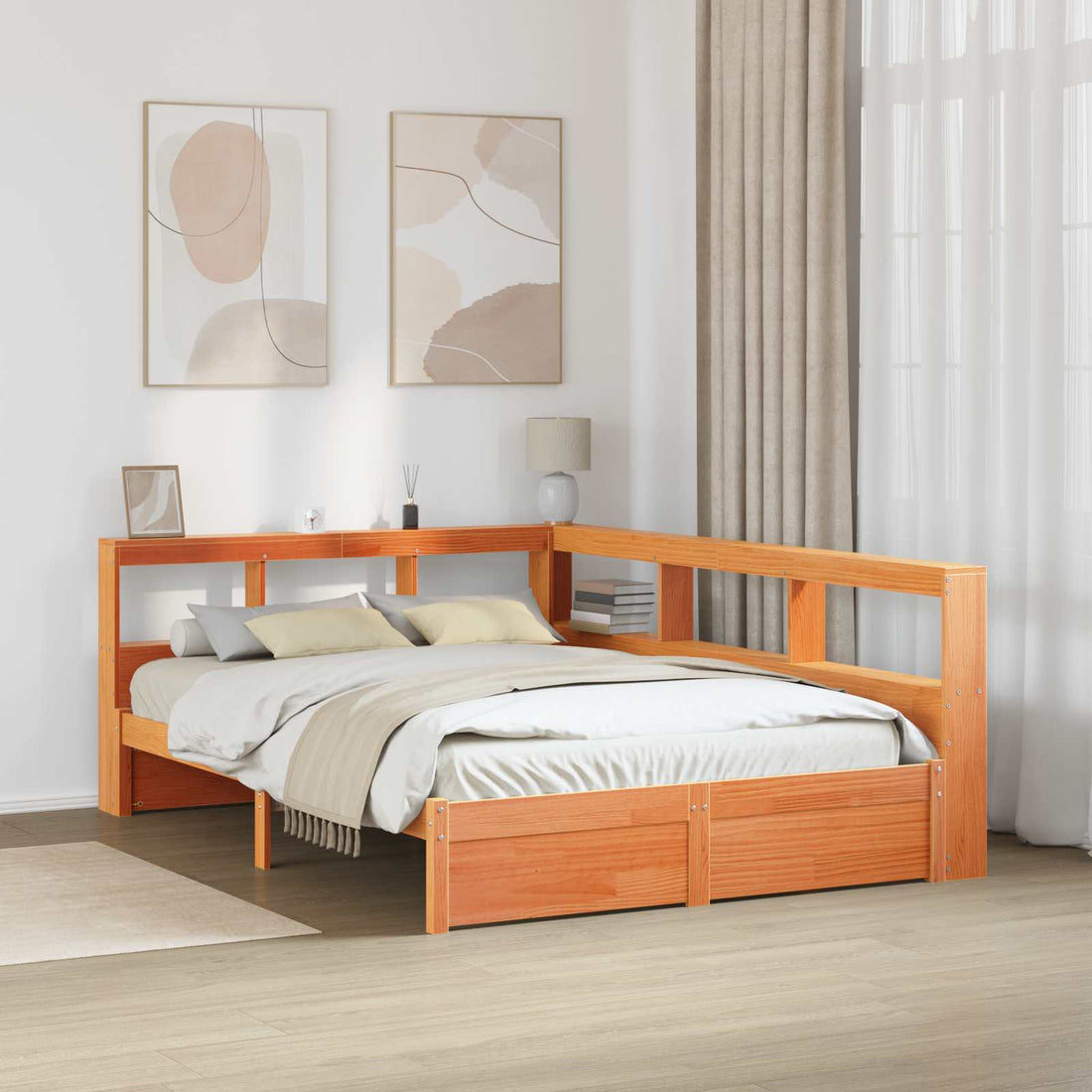 vidaXL Cama con Estantería Liso 2 uds. Marrón cera 200 x 140 cm