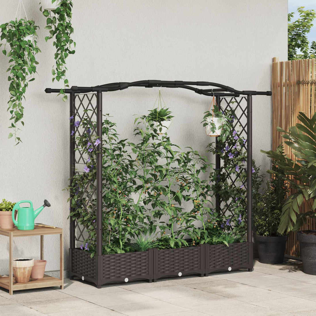 vidaXL Cama elevada con trellis y techo Marrón 169 x 40 x 123 cm PP