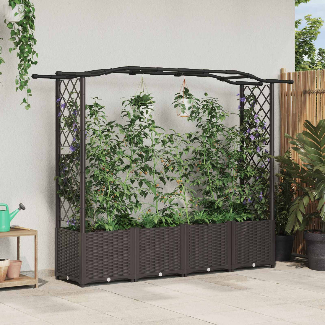 vidaXL Cama elevada con trellis y techo Marrón 204 x 40 x 138 cm PP