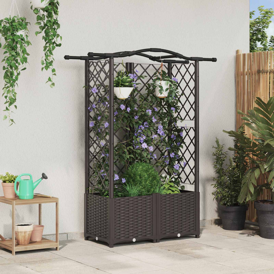 vidaXL Cama elevada con trellis y techo Marrón 122 x 40 x 138 cm PP