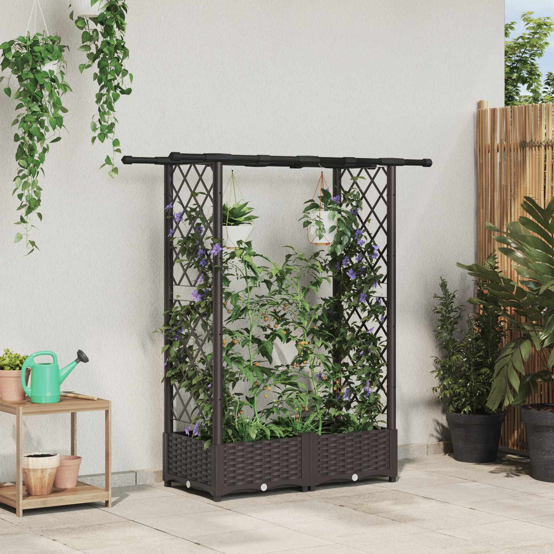 vidaXL Cama elevada con trellis y techo Marrón 122,5 x 40 x 121 cm PP