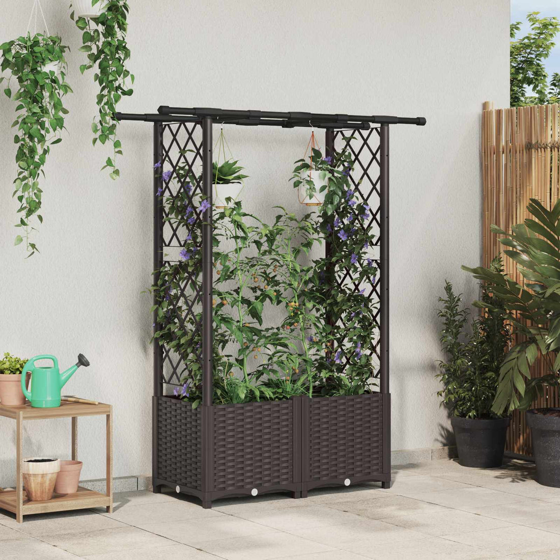 vidaXL Cama elevada con trellis y techo Marrón 124,5 x 40 x 136 cm PP