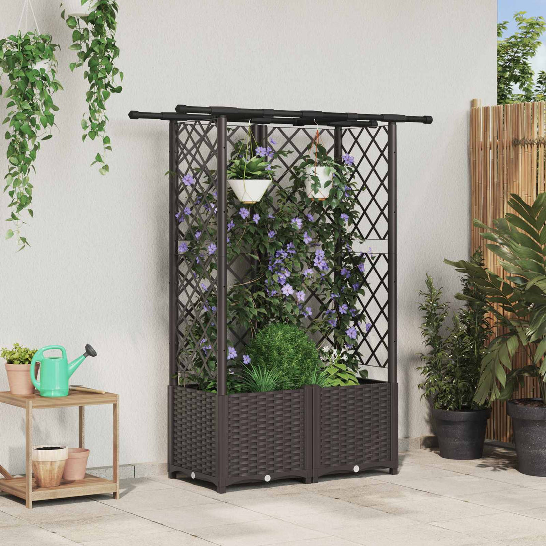 vidaXL Cama elevada con trellis y techo Marrón 124 x 40 x 136 cm PP