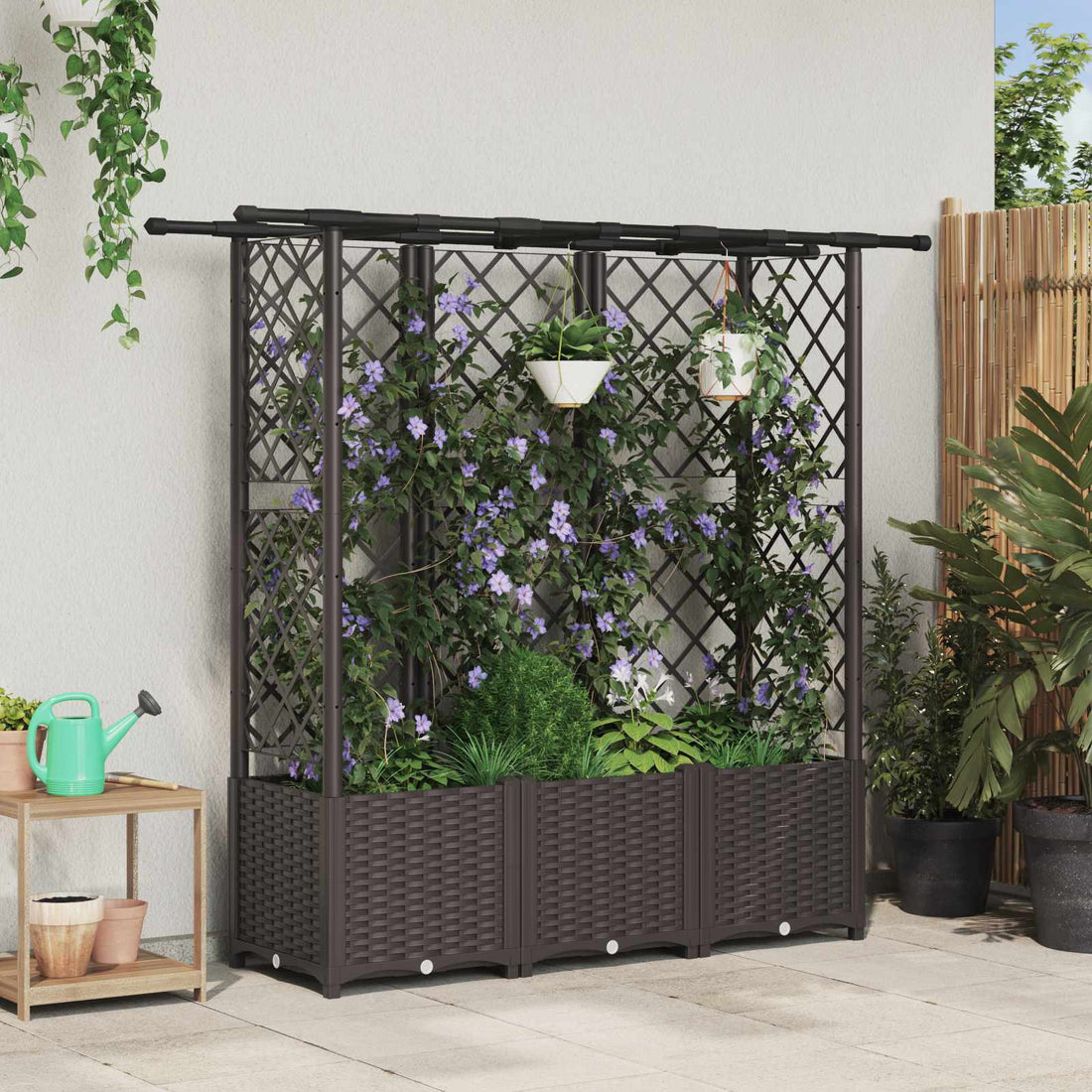 vidaXL Cama elevada con trellis y techo Marrón 163,5 x 40 x 136 cm PP