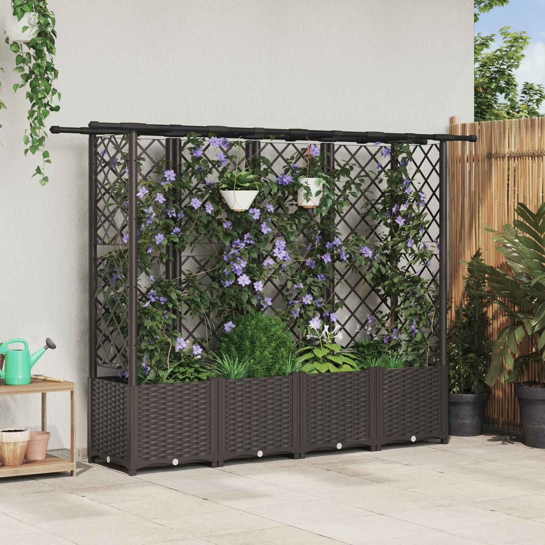 vidaXL Cama elevada con trellis y techo Marrón 202 x 40 x 136 cm PP