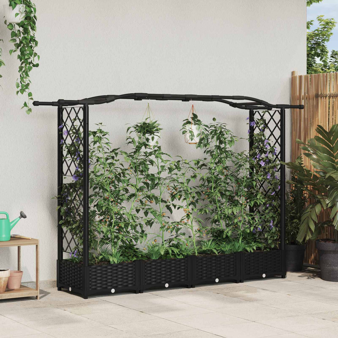 vidaXL Cama elevada con trellis y techo Negro 207 x 40 x 123 cm PP