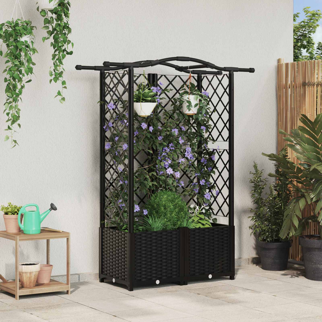 vidaXL Cama elevada con trellis y techo Negro 122 x 40 x 138 cm PP