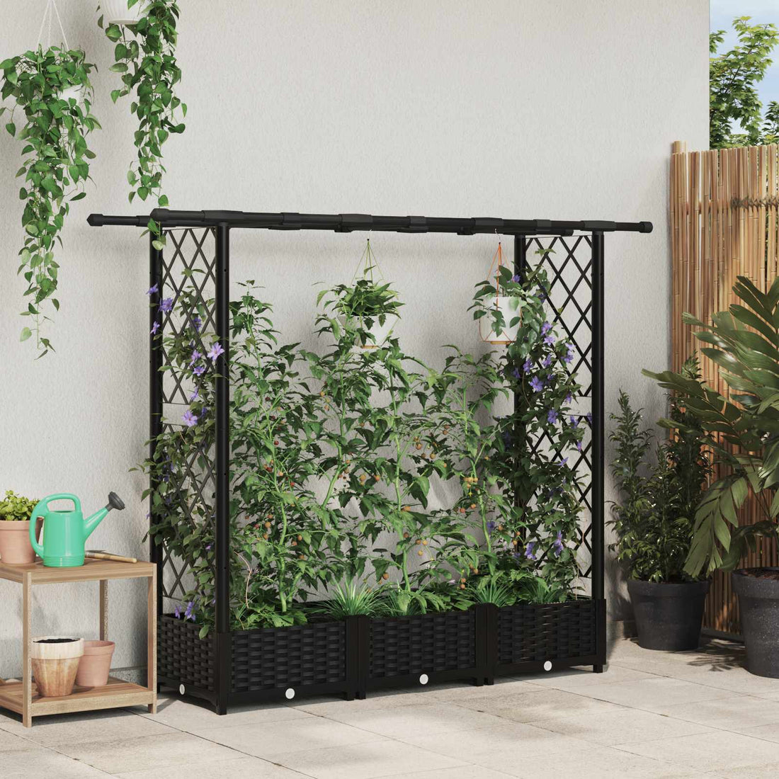 vidaXL Cama elevada con trellis y techo Negro 164 x 40 x 121 cm PP