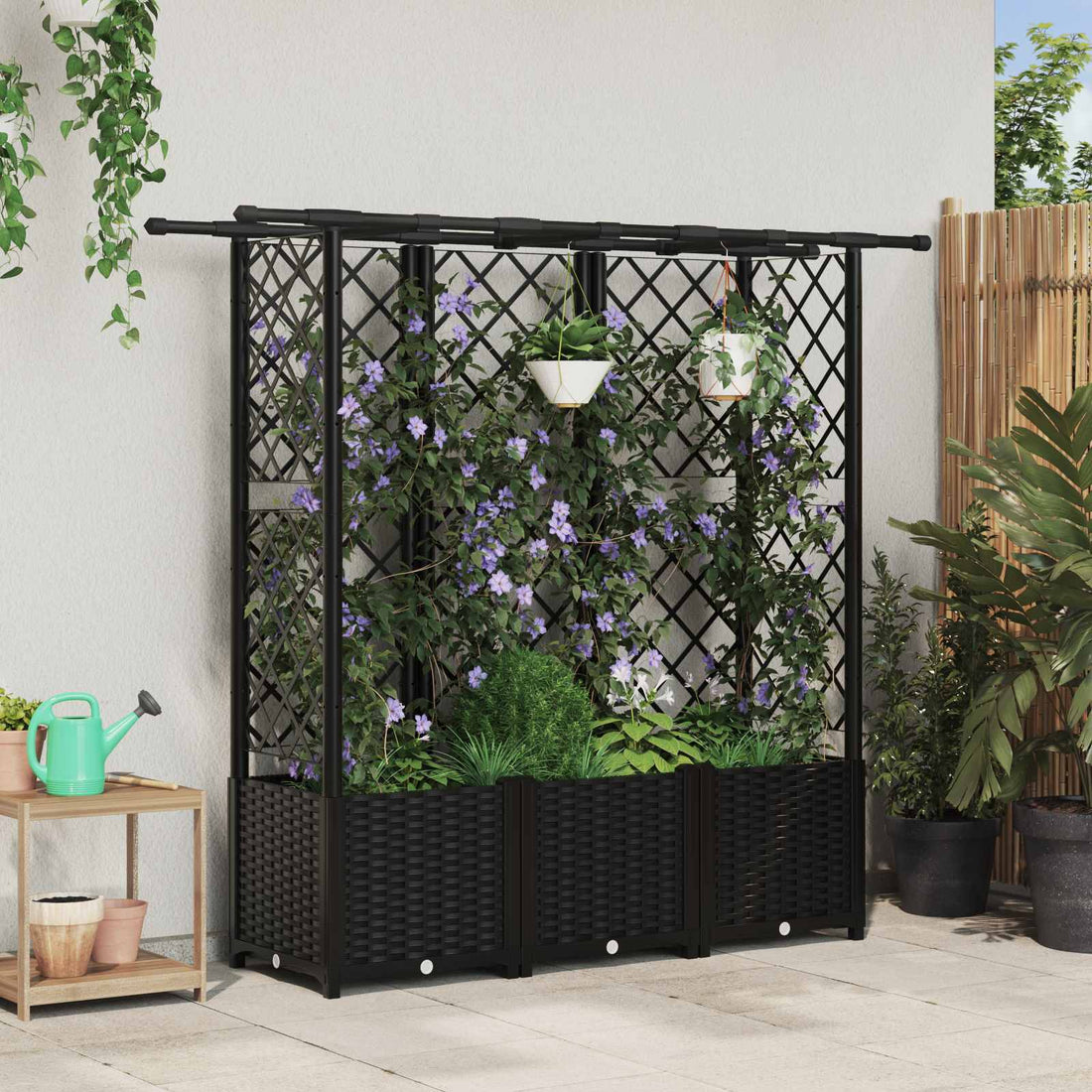 vidaXL Cama elevada con trellis y techo Negro 163,5 x 40 x 136 cm PP