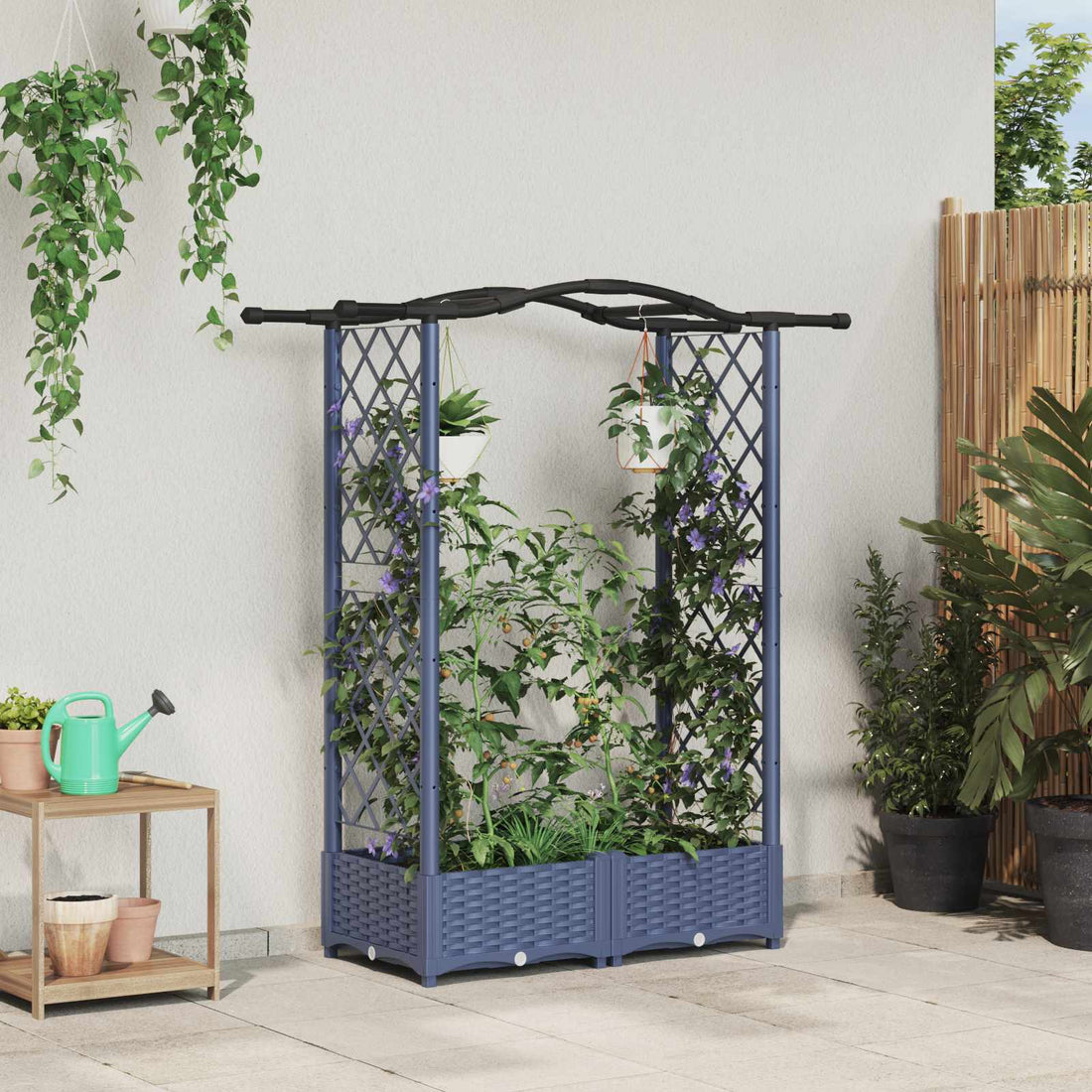 vidaXL Cama elevada con trellis y techo Gris 124 x 40 x 123 cm PP