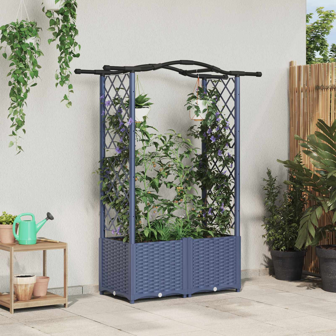 vidaXL Cama elevada con trellis y techo Gris 125 x 40 x 138 cm PP