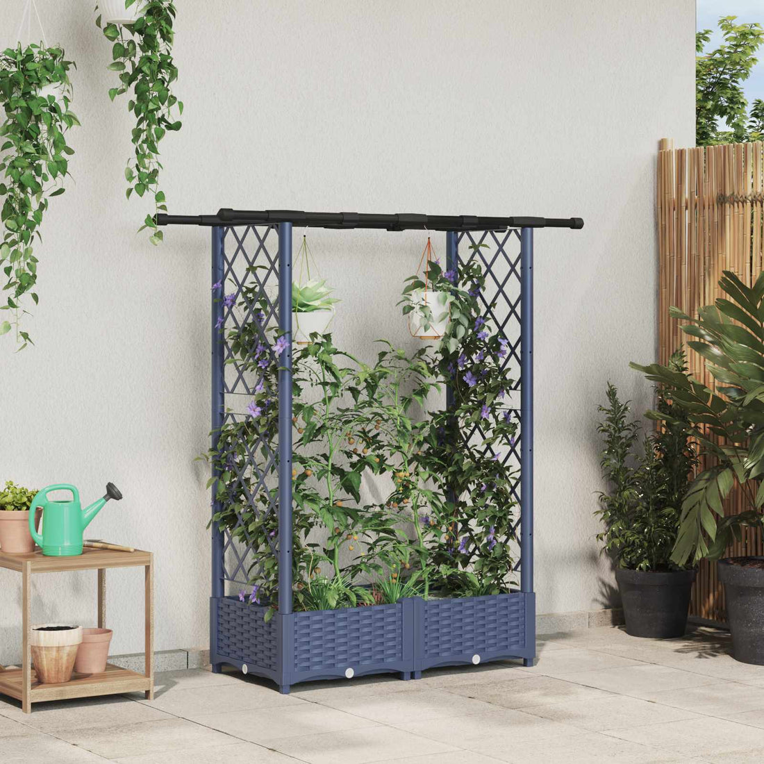 vidaXL Cama elevada con trellis y techo Gris 122,5 x 40 x 121 cm PP