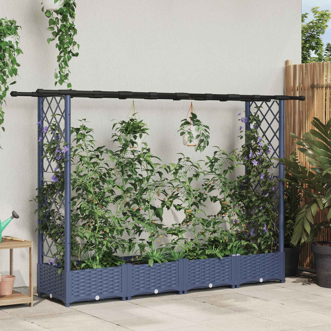 vidaXL Cama elevada con trellis y techo Gris 203 x 40 x 121 cm PP