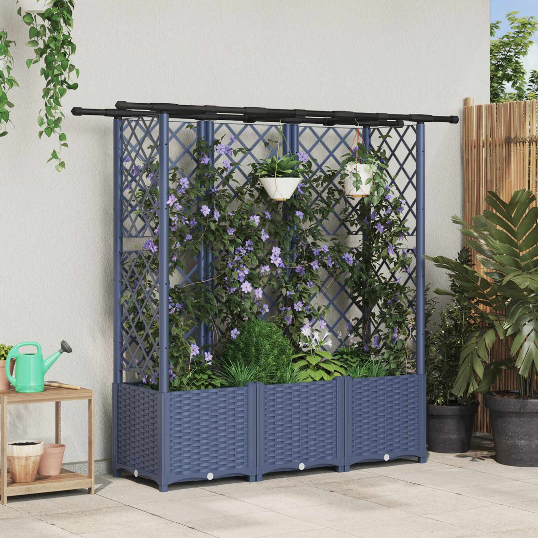 vidaXL Cama elevada con trellis y techo Gris 163,5 x 40 x 136 cm PP