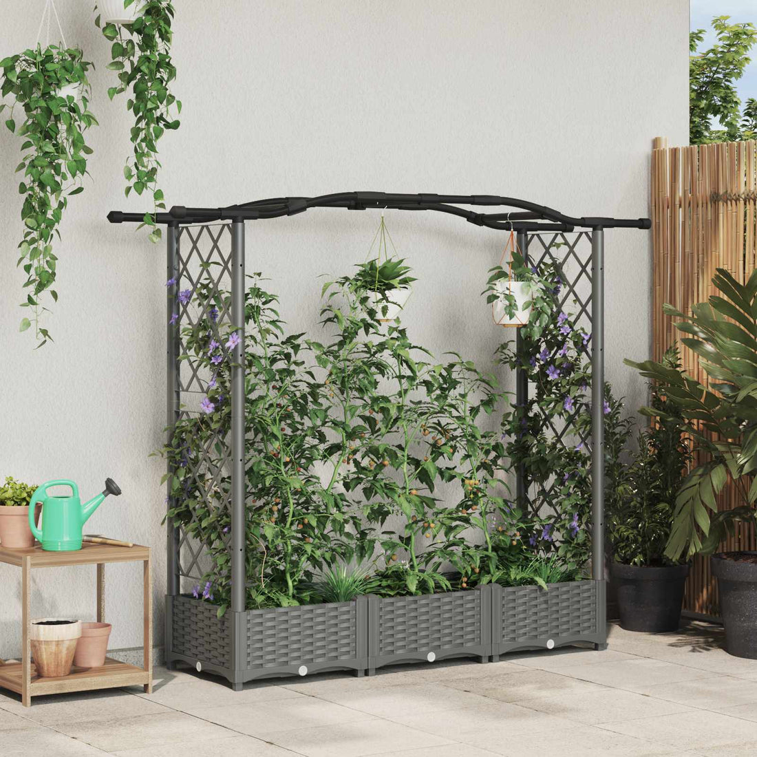vidaXL Cama elevada con trellis y techo Gris Claro 169 x 40 x 123 cm
