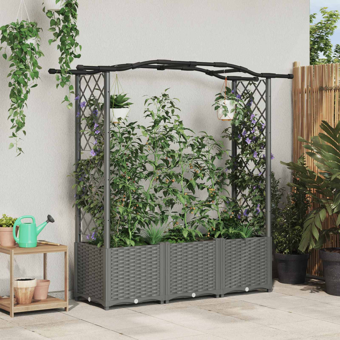 vidaXL Cama elevada con trellis y techo Gris Claro 164 x 40 x 138 cm