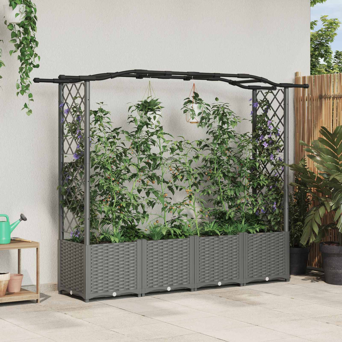 vidaXL Cama elevada con trellis y techo Gris Claro 204 x 40 x 138 cm