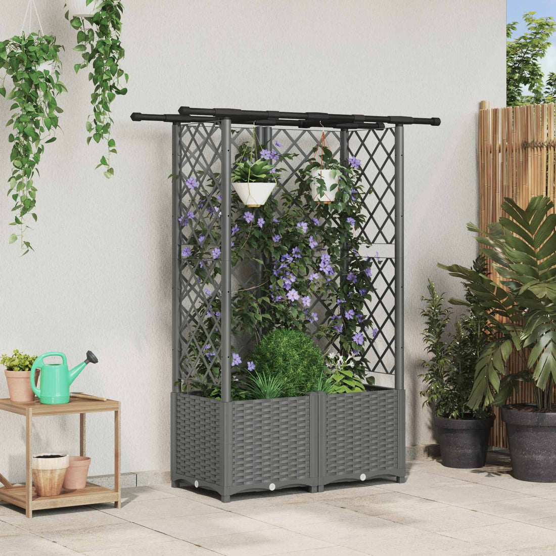 vidaXL Cama elevada con trellis y techo Gris Claro 124 x 40 x 136 cm