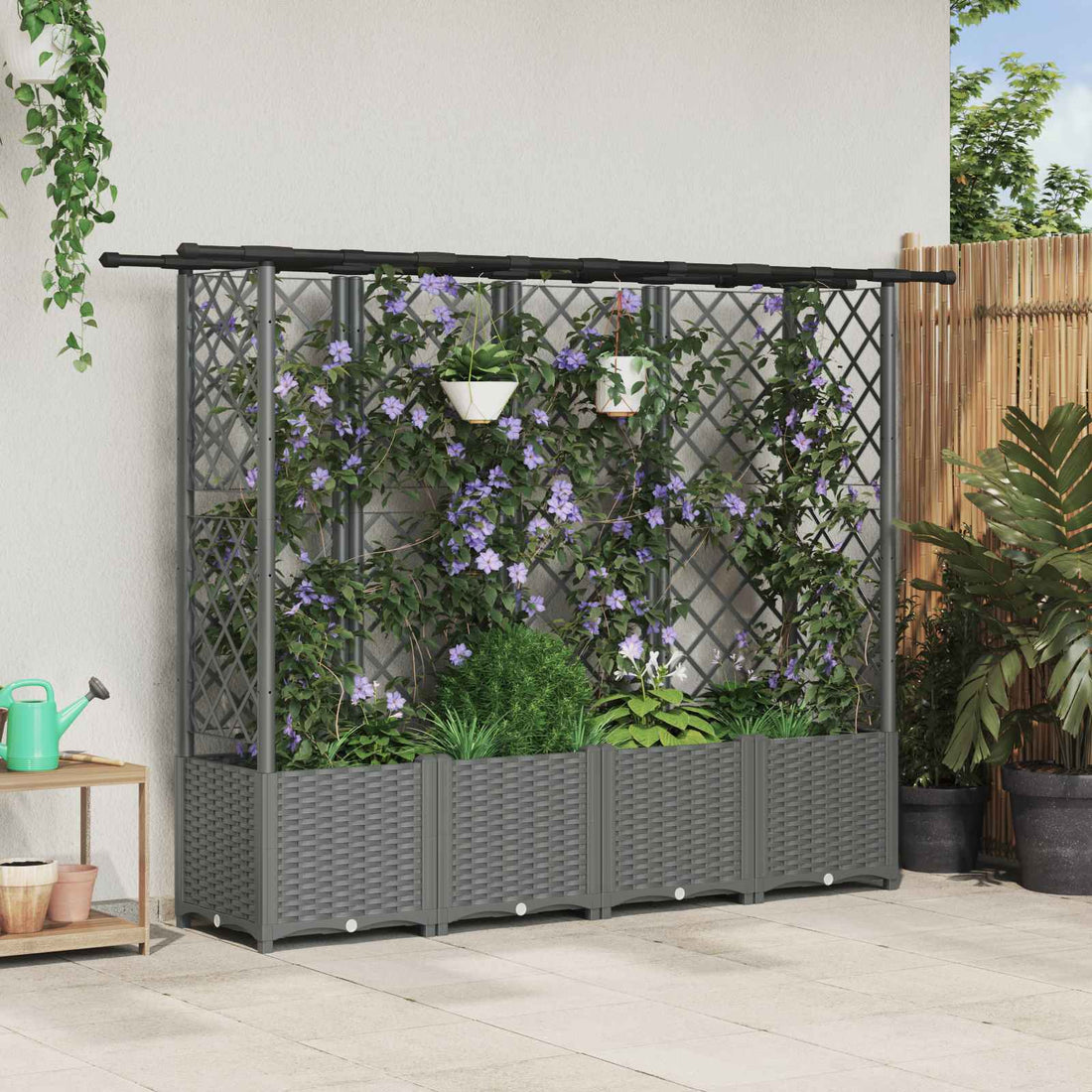 vidaXL Cama elevada con trellis y techo Gris Claro 202 x 40 x 136 cm