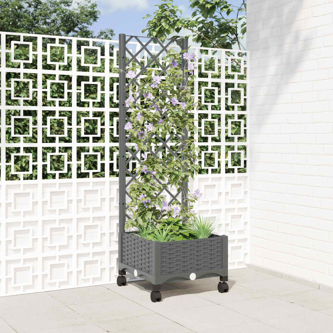 vidaXL Jardinera con enrejado y ruedas Gris Claro 40 x 40 x 131,5 cm
