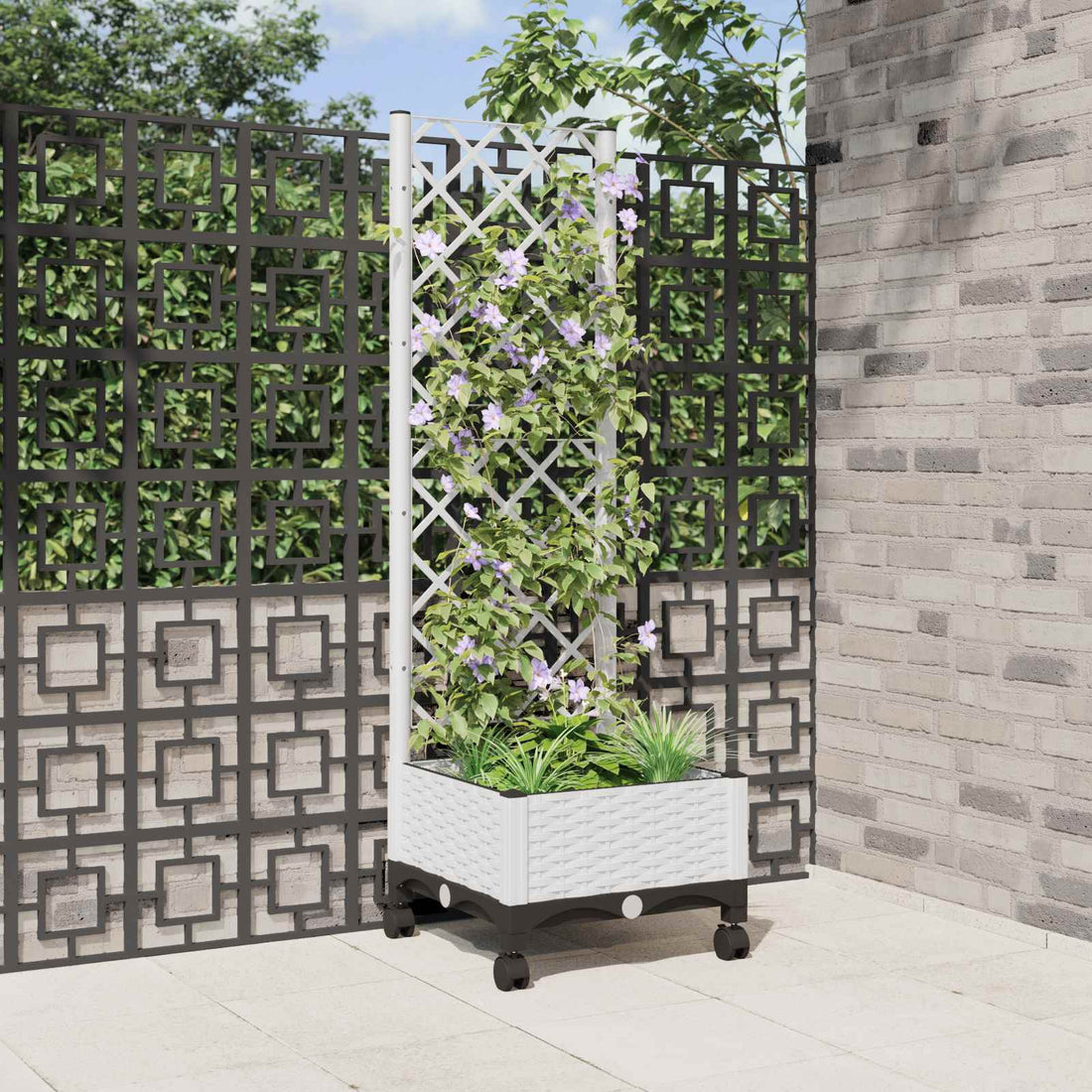 vidaXL Jardinera con enrejado y ruedas Blanco 40 x 40 x 131,5 cm PP