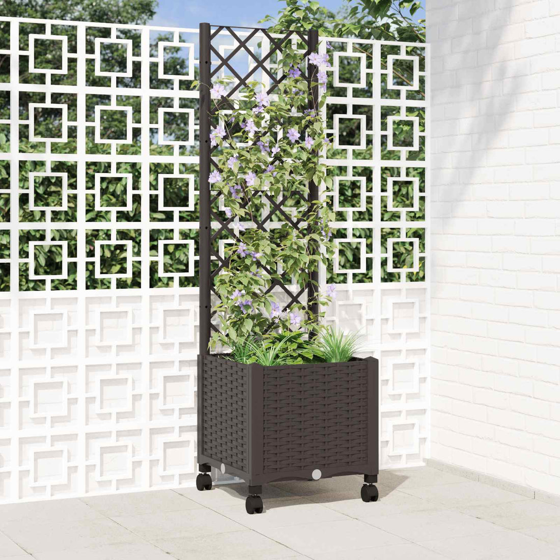 vidaXL Jardinera con enrejado y ruedas Marrón 40 x 40 x 146 cm PP