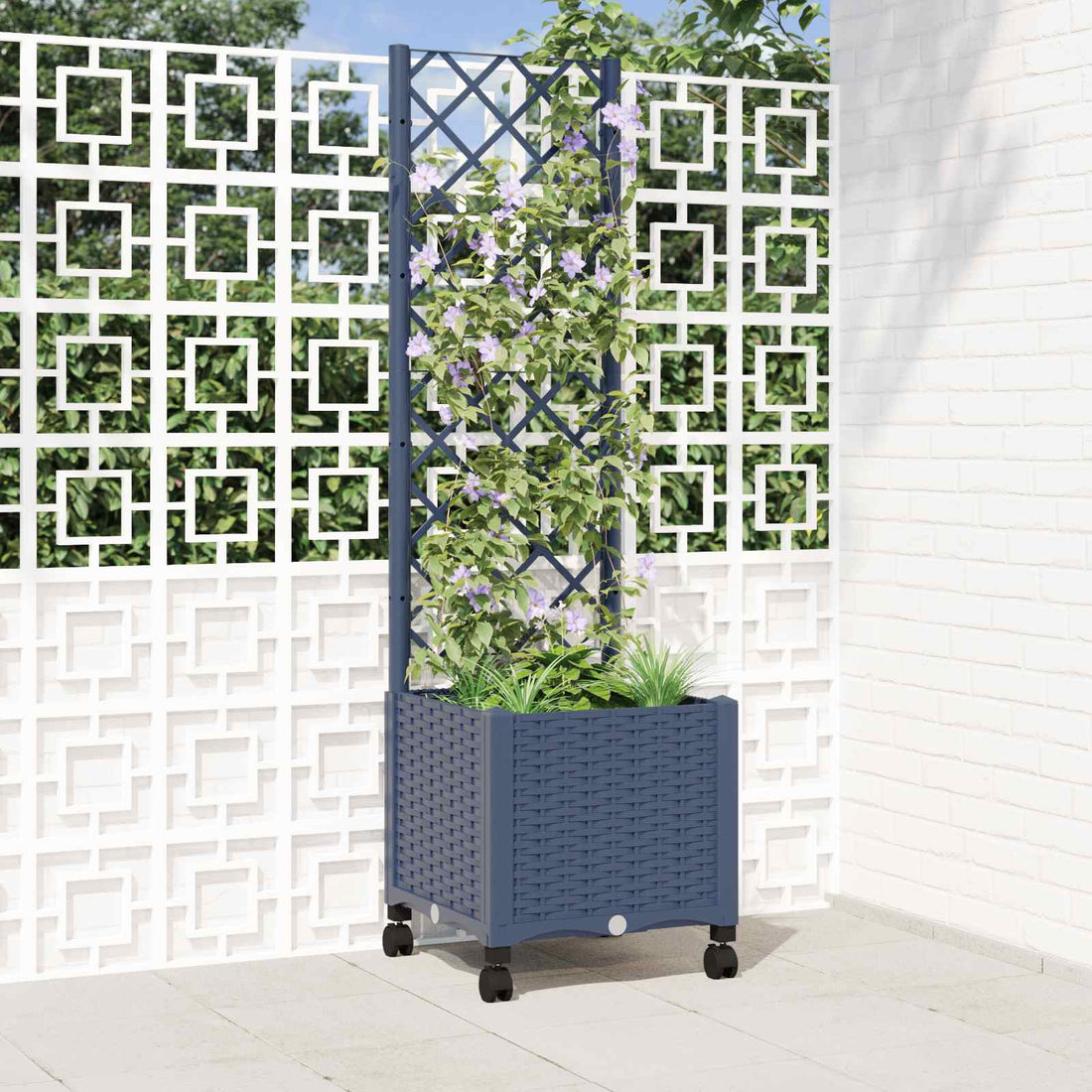 vidaXL Jardinera con enrejado y ruedas Gris Azulado 40 x 40 x 146 cm