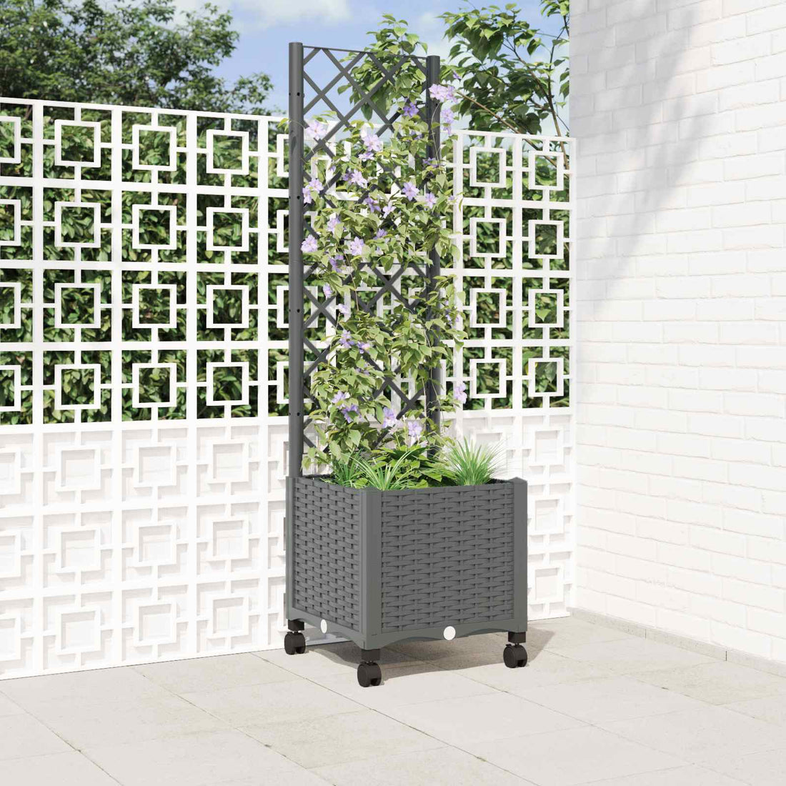 vidaXL Jardinera con enrejado y ruedas Gris Claro 40 x 40 x 146 cm PP
