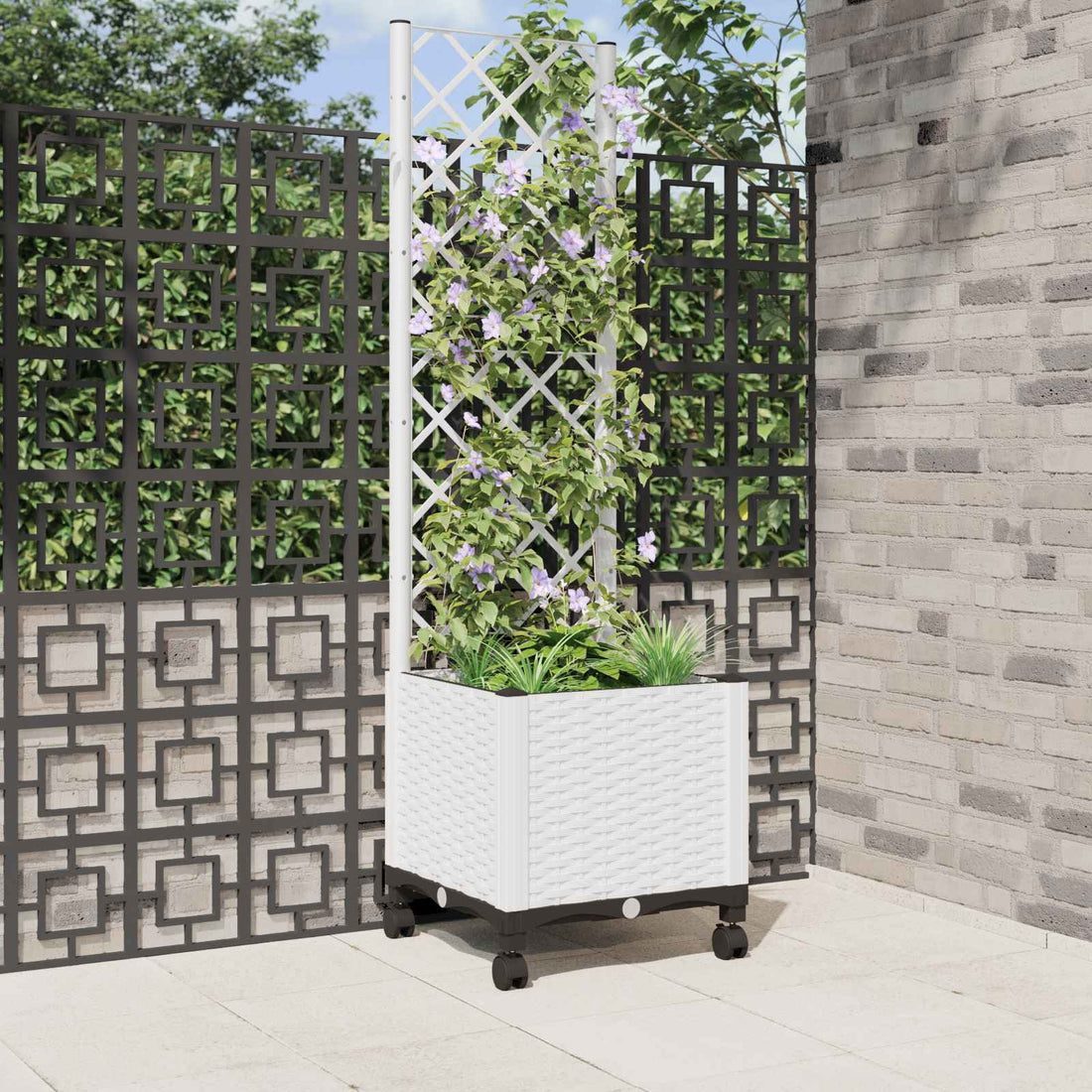 vidaXL Jardinera con enrejado y ruedas Blanco 40 x 40 x 146 cm PP