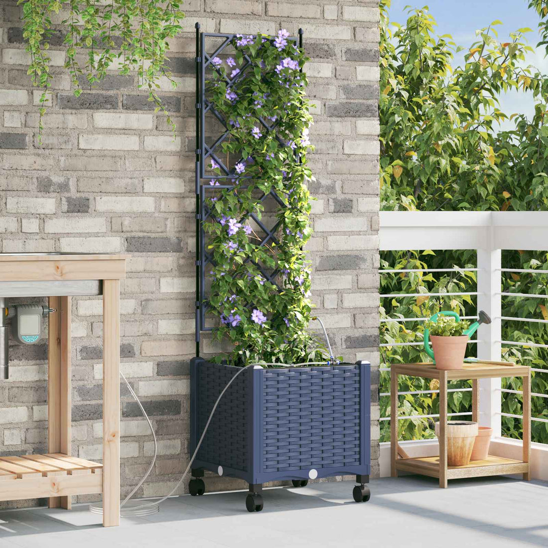 vidaXL Maceta de jardín con riego y ruedas Gris 40 x 40 x 148 cm PP