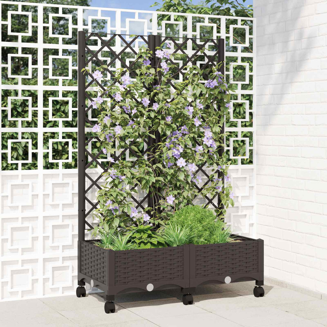 vidaXL Jardinera con enrejado y ruedas Marrón 80 x 40 x 131,5 cm PP