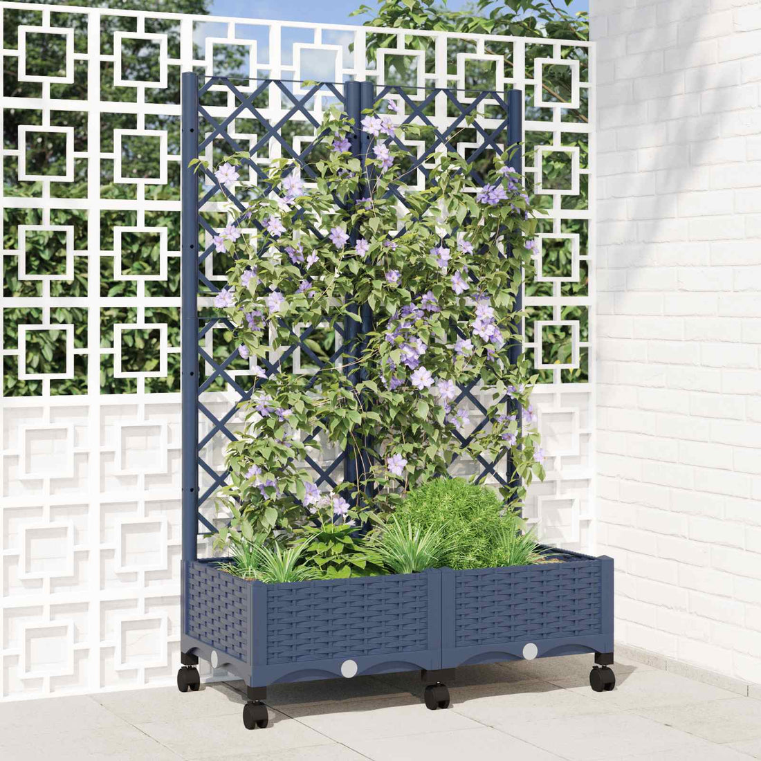 vidaXL Jardinera con enrejado y ruedas Gris Azulado 80 x 40 x 131,5 cm