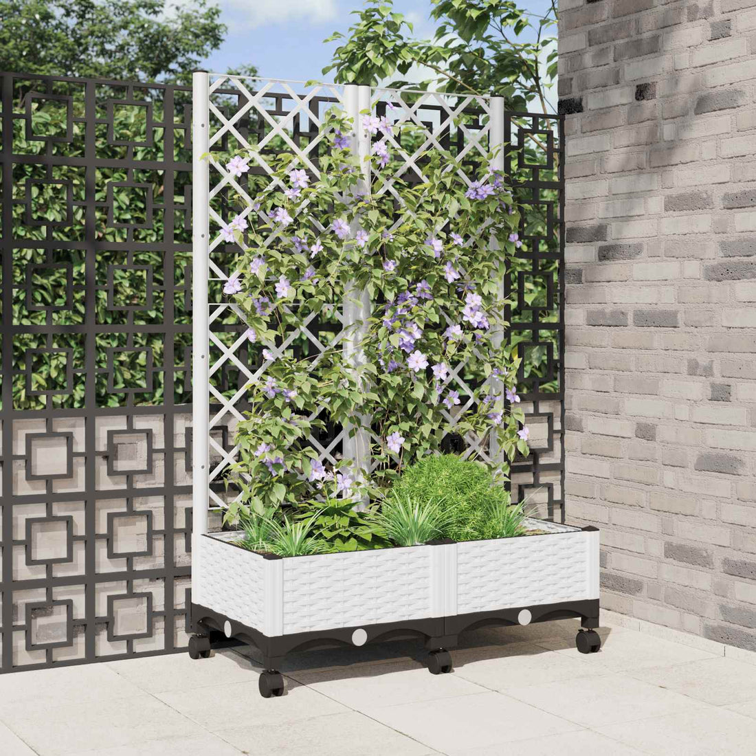 vidaXL Jardinera con enrejado y ruedas Blanco 80 x 40 x 131,5 cm PP