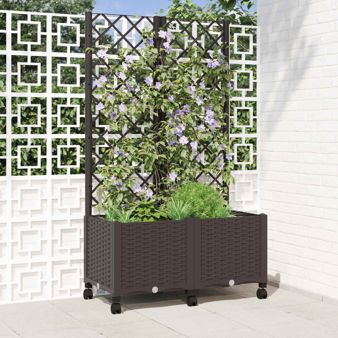 vidaXL Jardinera con enrejado y ruedas Marrón 80 x 40 x 146 cm PP