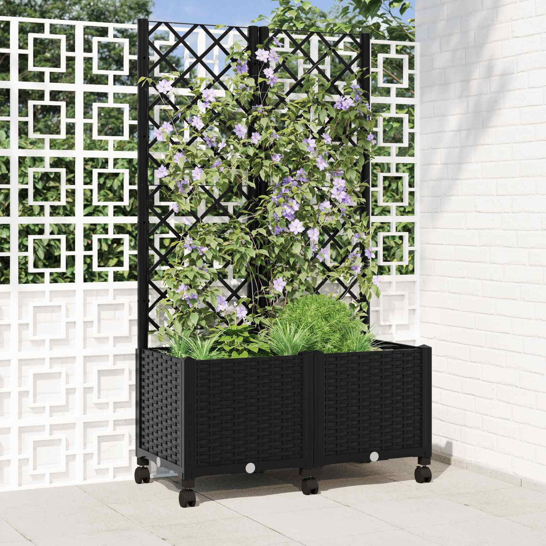 vidaXL Jardinera con enrejado y ruedas Negro 80 x 40 x 146 cm PP
