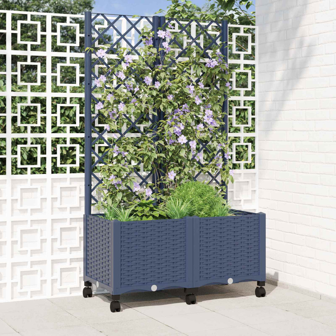 vidaXL Jardinera con enrejado y ruedas Gris Azulado 80 x 40 x 146 cm