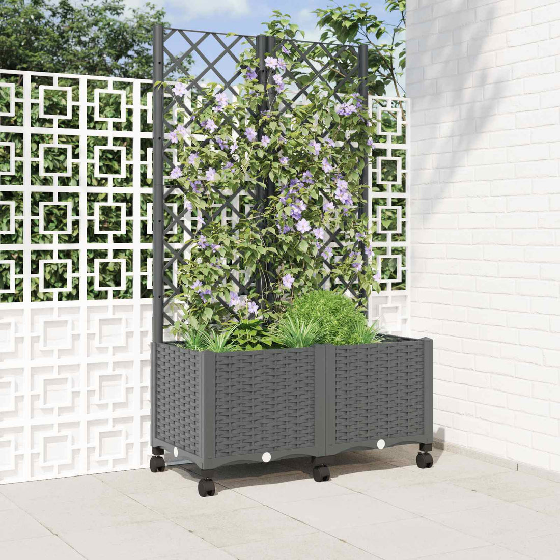 vidaXL Jardinera con enrejado y ruedas Gris Claro 80 x 40 x 146 cm PP