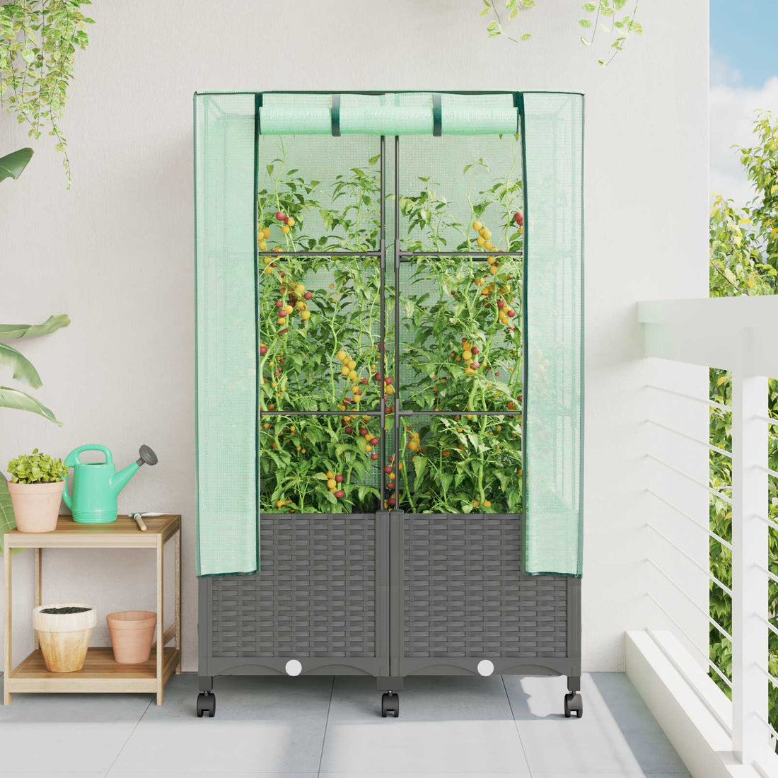 vidaXL Maceta de jardín con cubierta de invernadero y ruedas 2 uds. PP