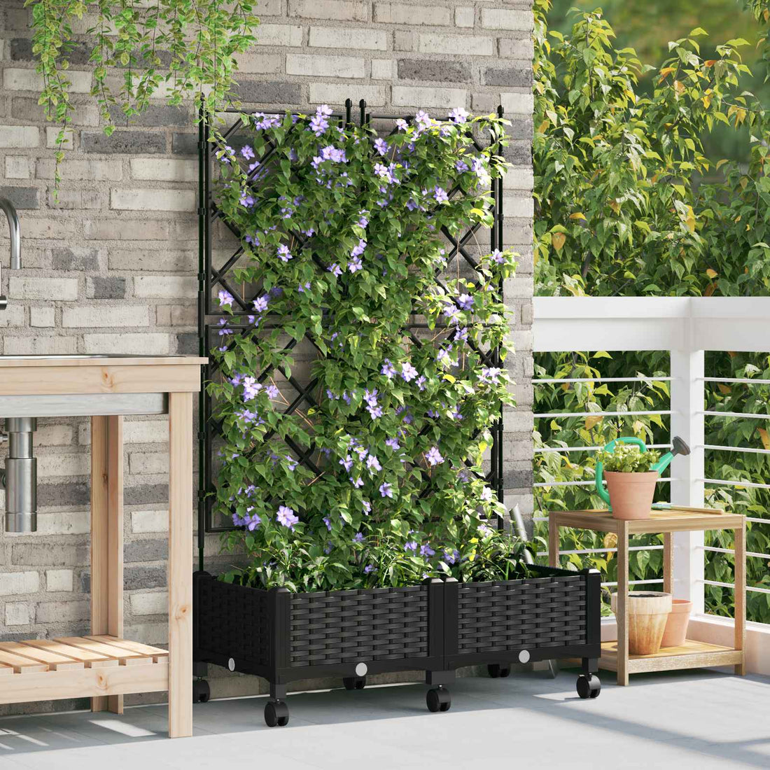 vidaXL Jardinera con enrejado y ruedas 2 uds. Negro 80 x 40 x 131,5 cm