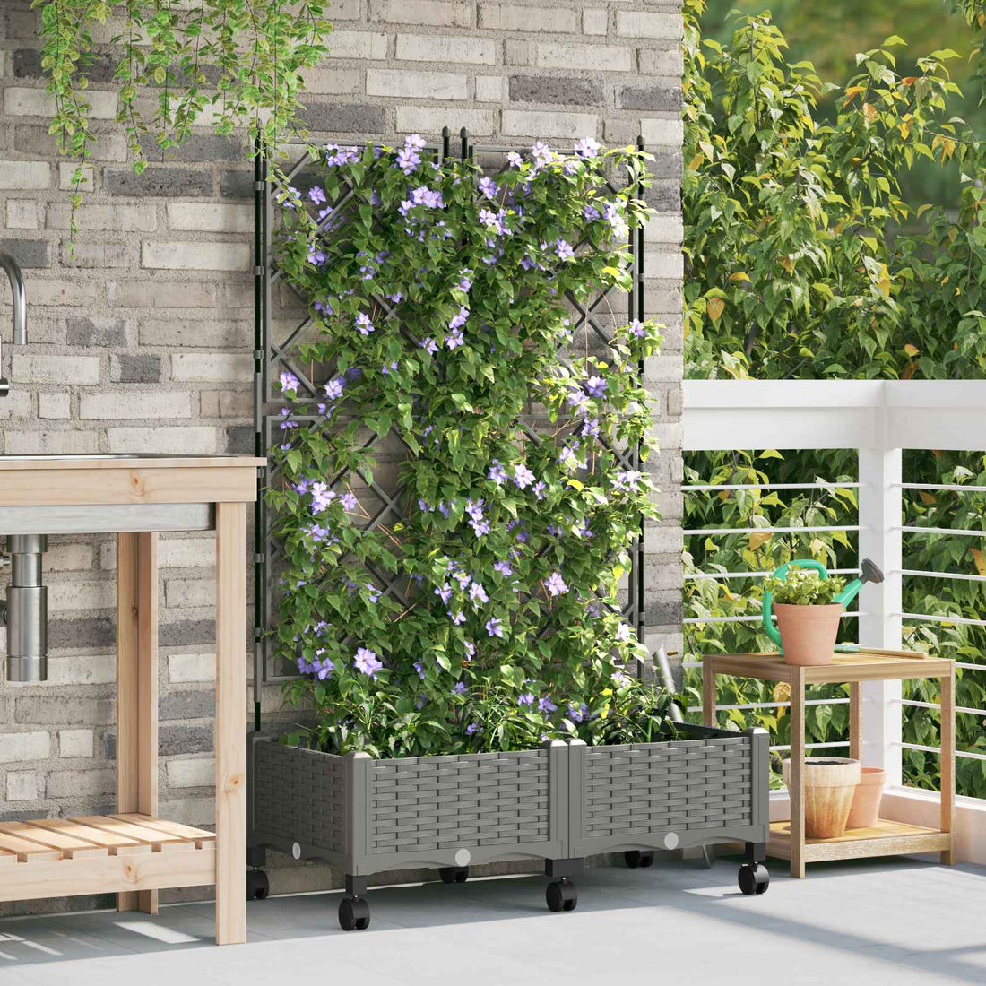 vidaXL Jardinera con enrejado y ruedas 2 uds. Gris Claro PP