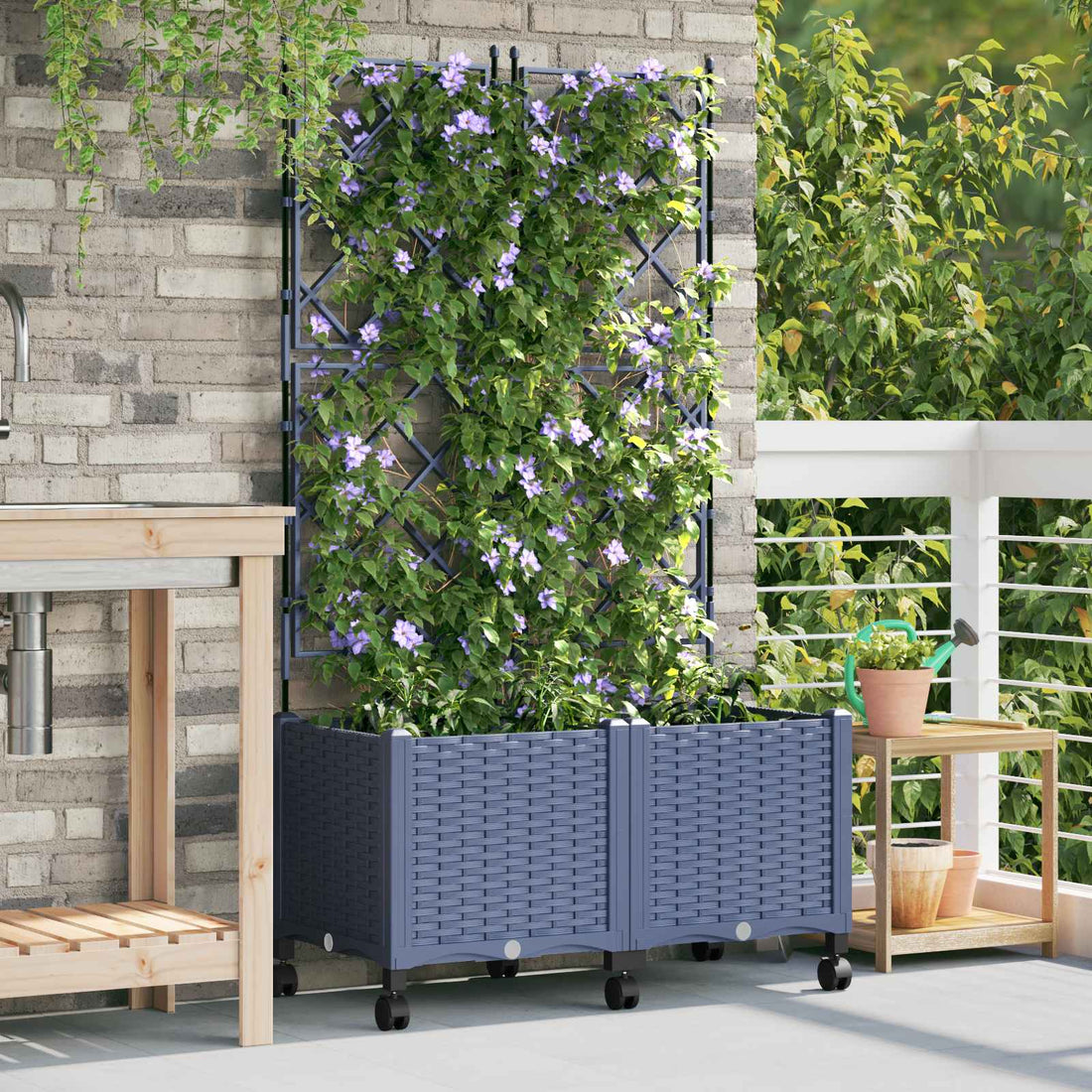 vidaXL Jardinera con enrejado y ruedas 2 uds. Gris 80 x 40 x 149 cm PP