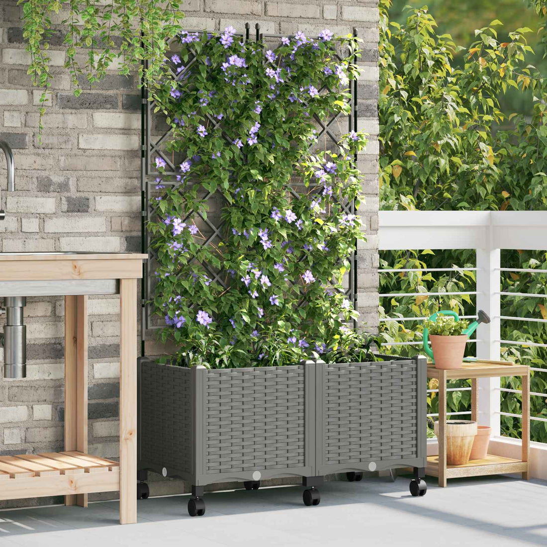 vidaXL Jardinera con enrejado y ruedas 2 uds. Gris Claro PP
