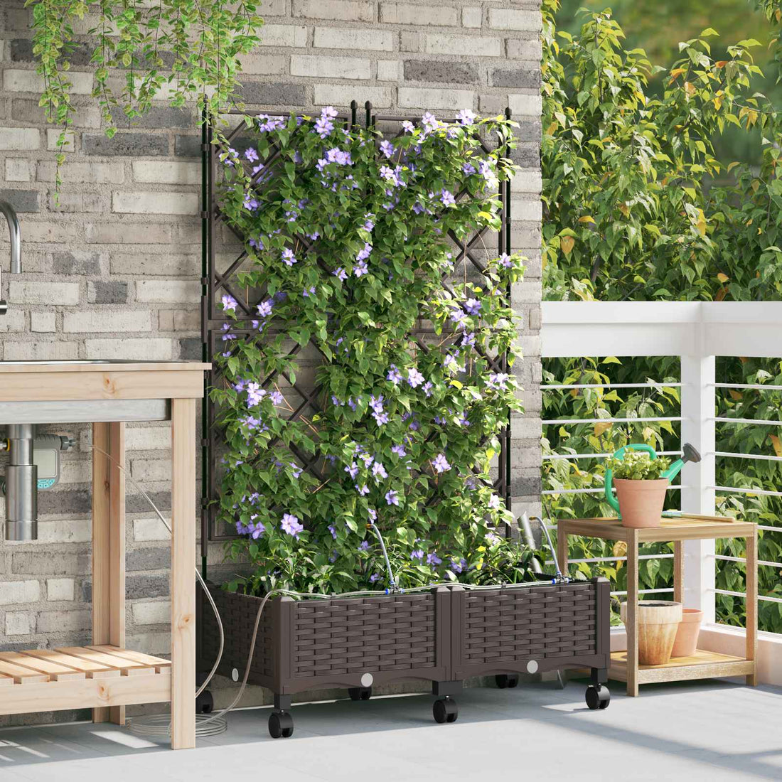 vidaXL Maceta de jardín con riego y ruedas 2 uds. Marrón PP