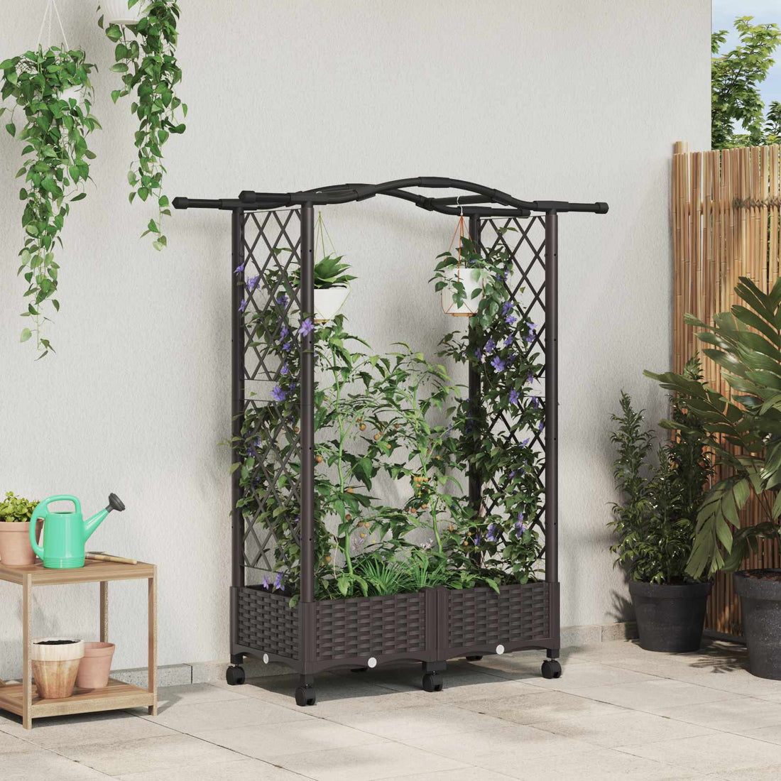 vidaXL Cama elevada con trellis y techo Marrón 124 x 40 x 129 cm PP