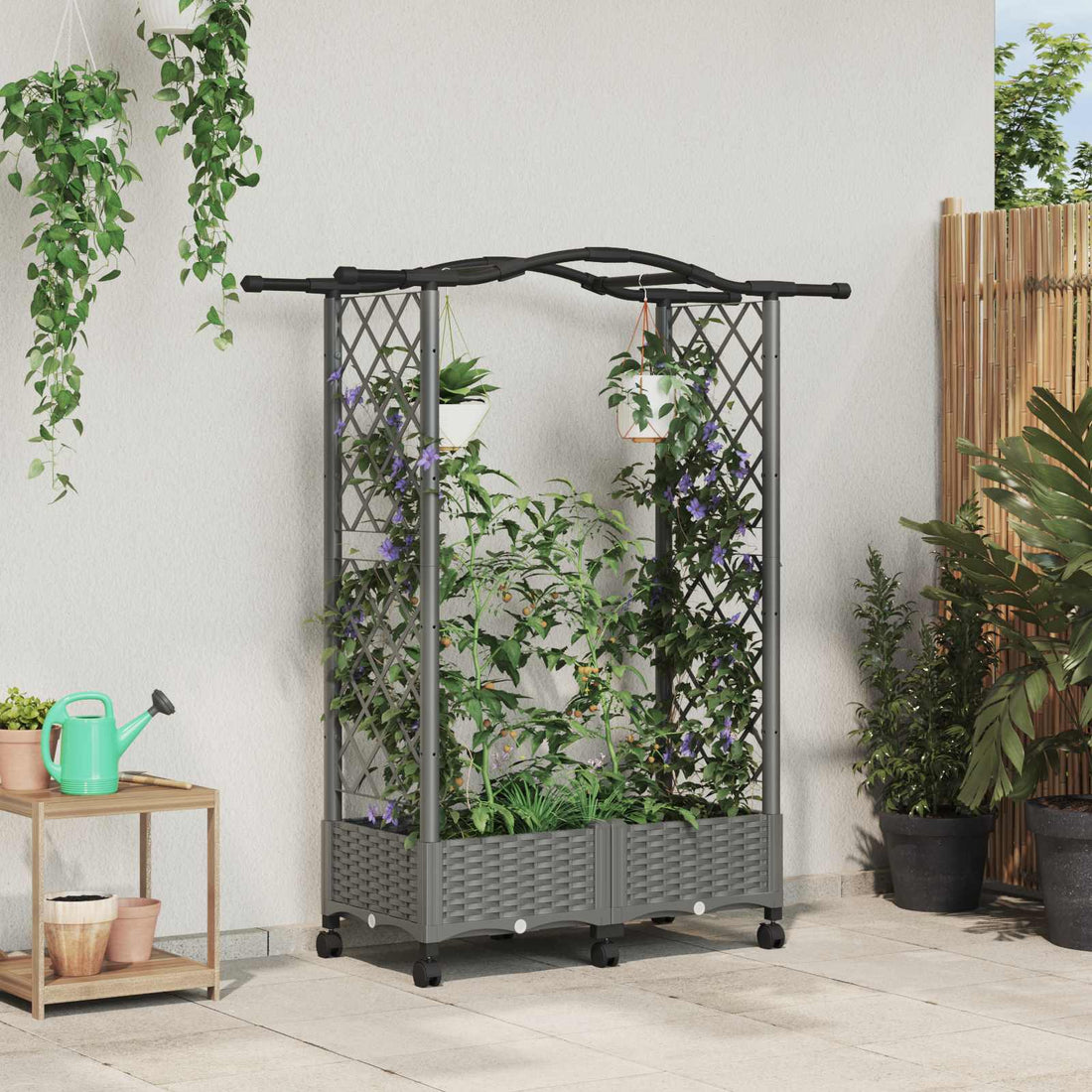 vidaXL Cama elevada con trellis y techo Gris Claro 124 x 40 x 129 cm