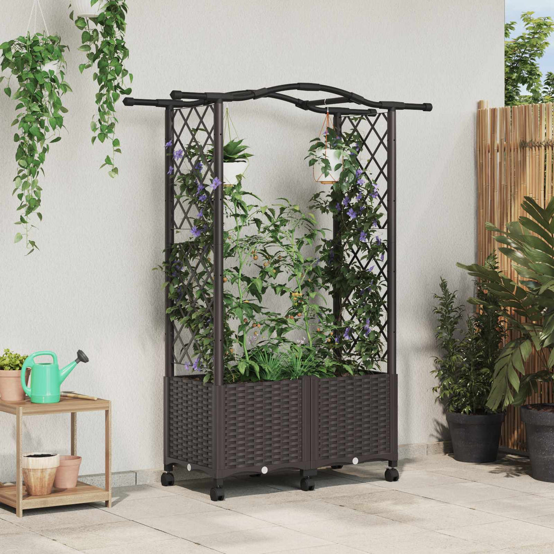 vidaXL Cama elevada con trellis y techo Marrón 125 x 40 x 144 cm PP