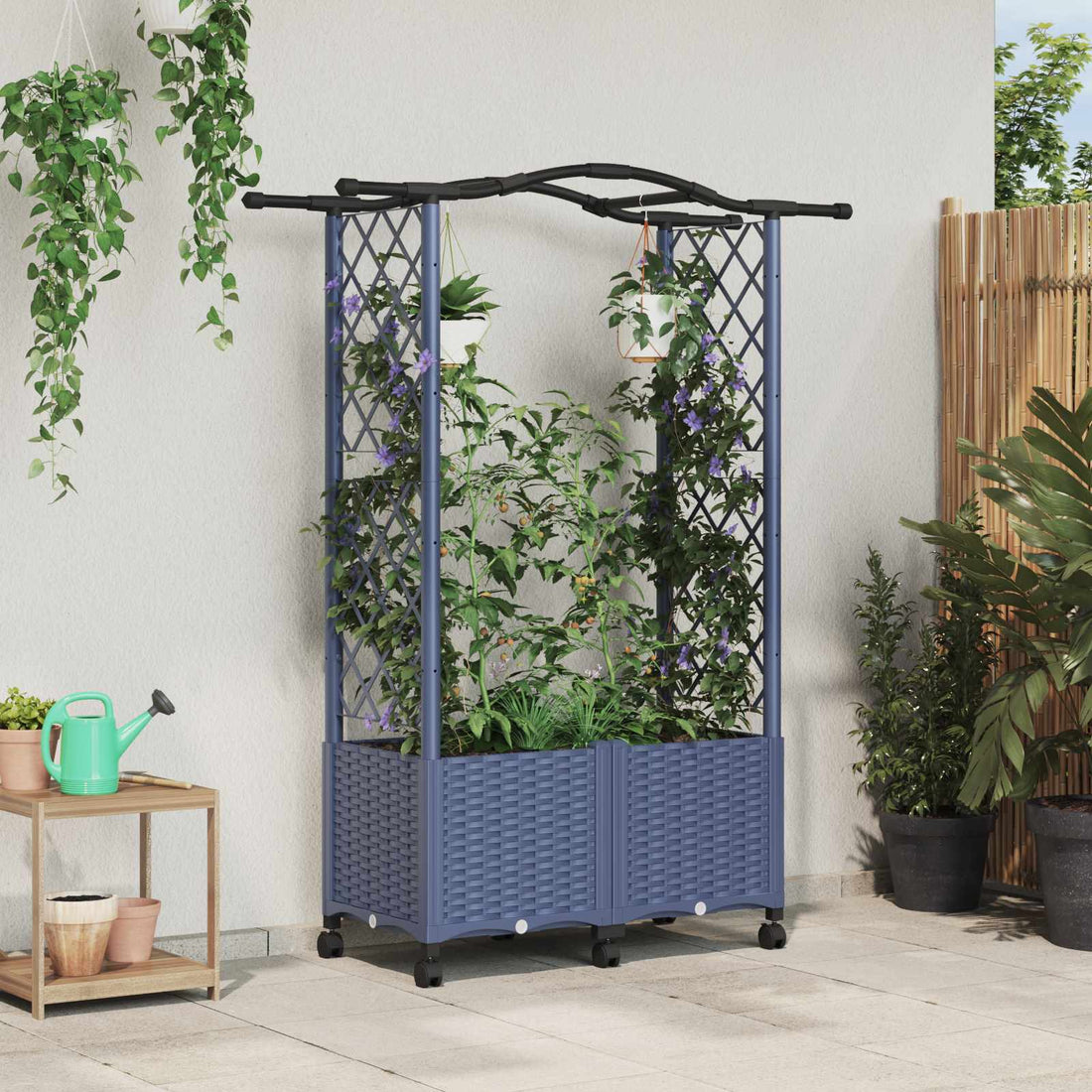 vidaXL Cama elevada con trellis y techo Gris 125 x 40 x 144 cm PP