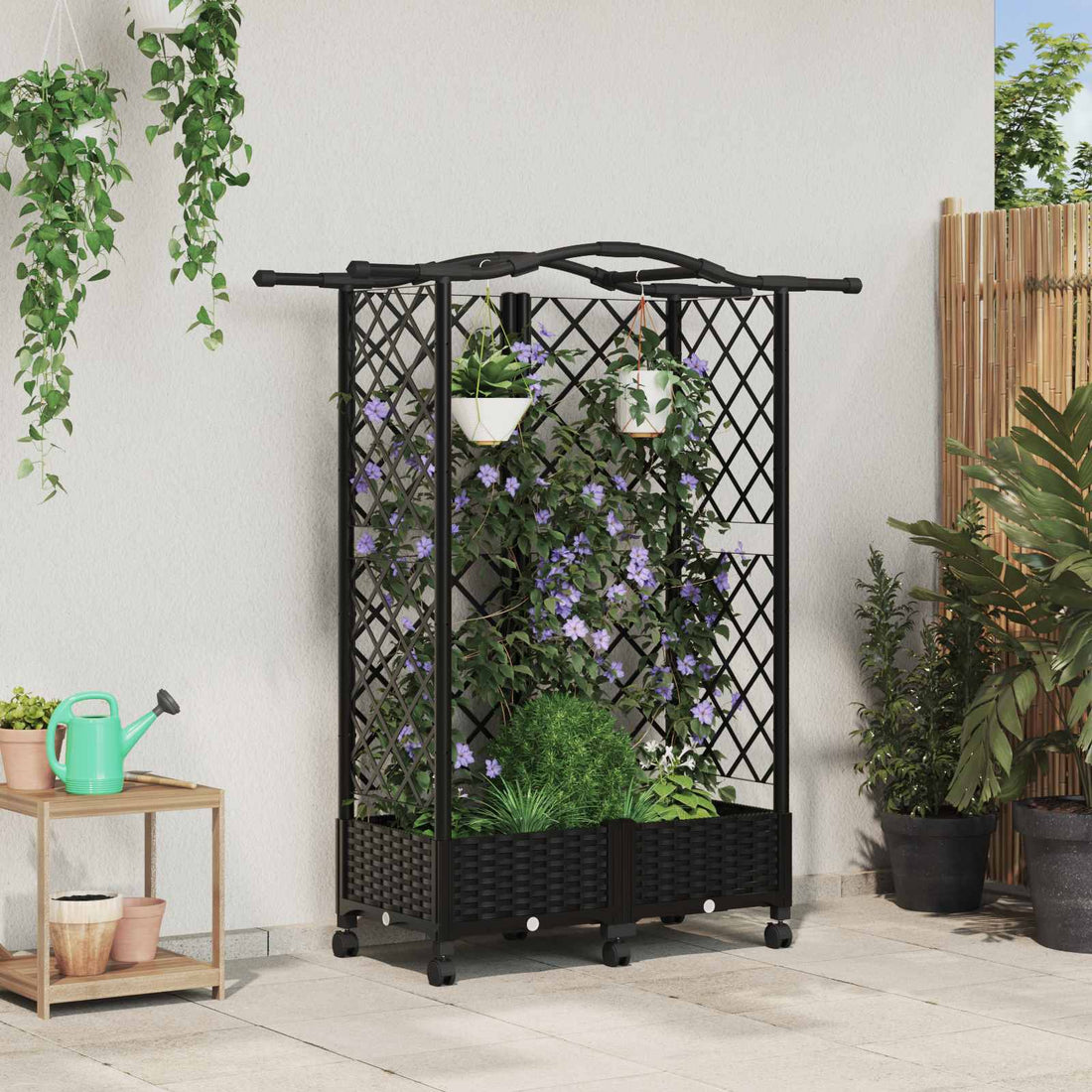 vidaXL Cama elevada con trellis y techo Negro 124 x 40 x 129 cm PP